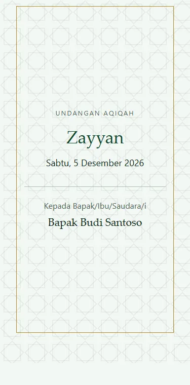 Tema Islami hijau emas untuk undangan aqiqah, tampil di ponsel